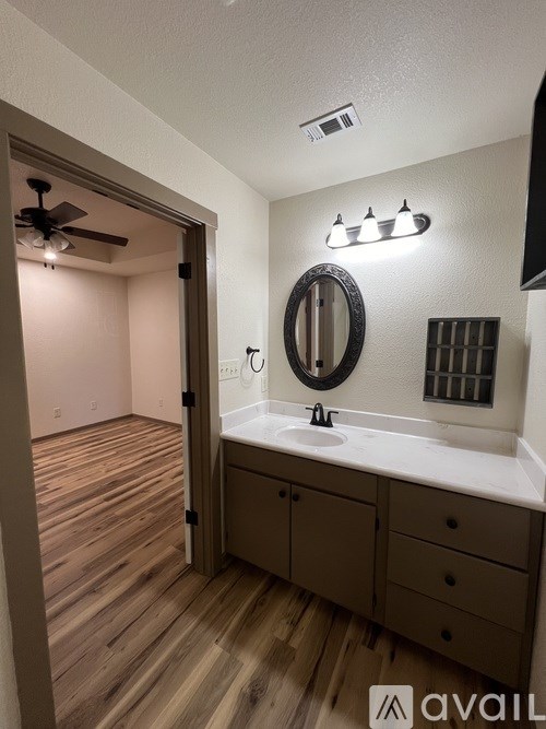 A bathroom with a white sink and brown wood floors.