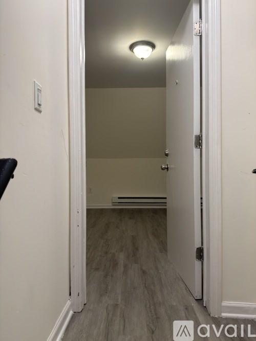A hallway with a light on the ceiling and a door on the right.