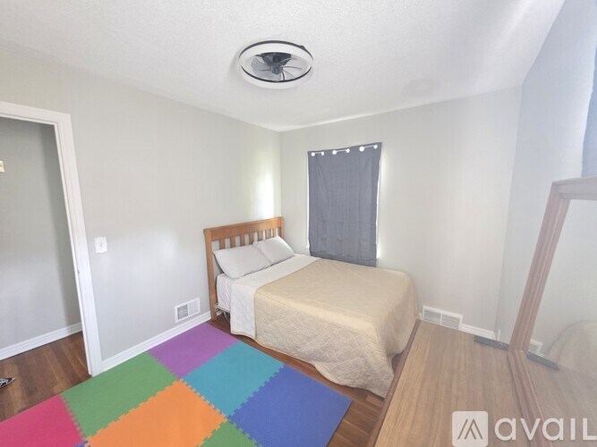 A bedroom with a bed, a ceiling fan, and a colorful rug.