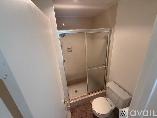 A bathroom with a toilet and a walk-in shower.
