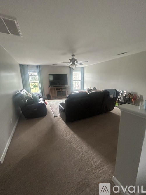 A living room with a television and two couches.