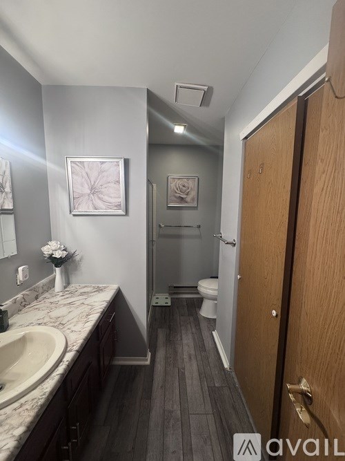 A bathroom with a marble countertop and a wooden door.