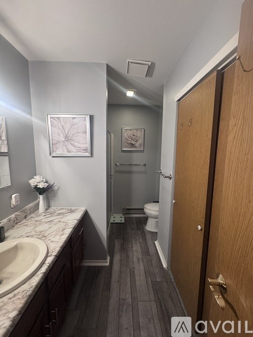 A bathroom with a marble countertop and a wooden door.