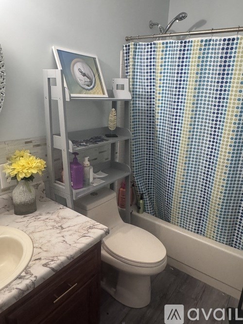 A bathroom with a toilet, sink, and shower curtain.