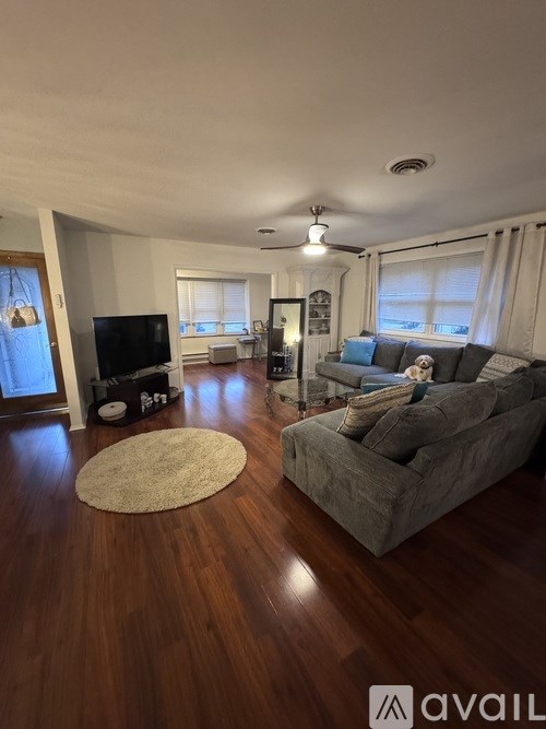 A living room with a grey couch and a rug in the middle.