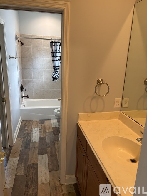 A bathroom with a wooden floor and a white sink.