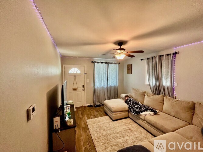 A living room with a couch, a television, and a ceiling fan.
