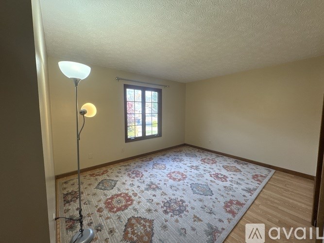 A room with a floral carpet and a floor lamp.