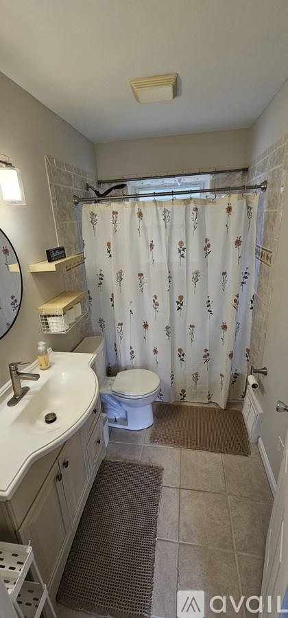 A bathroom with a toilet, sink, and shower curtain.