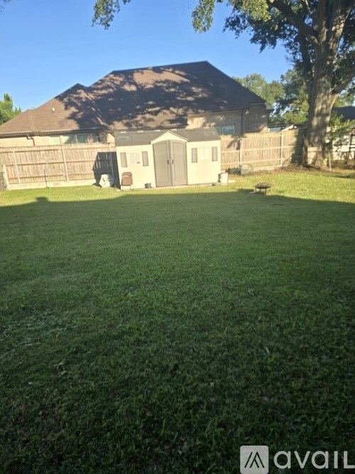 A backyard with a shed and a fence.