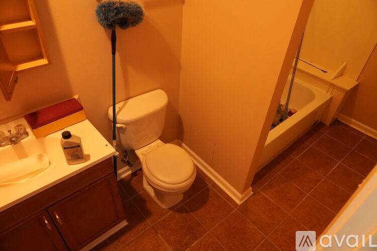 A bathroom with a toilet, sink, and a blue duster.