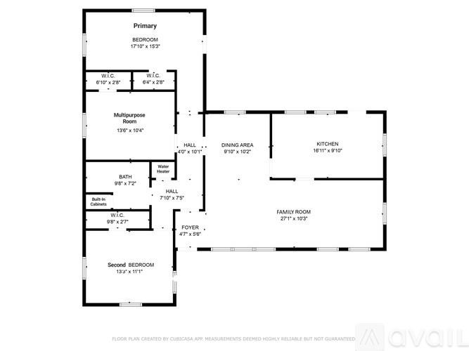A floor plan for a home with a primary bedroom, family room, and two additional bedrooms.