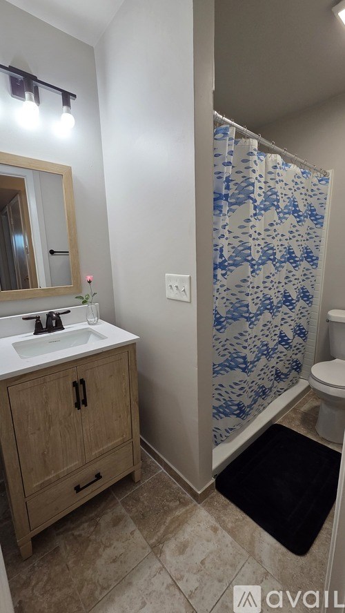 A bathroom with a sink, toilet, and shower.