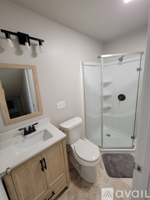 A bathroom with a sink, toilet, and shower.