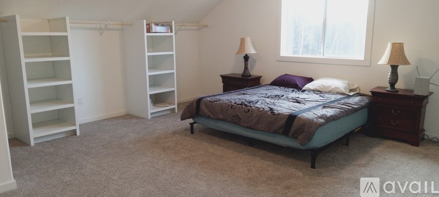 A bedroom with a bed, two nightstands, and a closet.