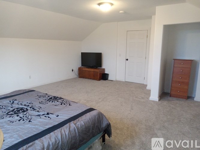 A bedroom with a bed, dresser, and television.