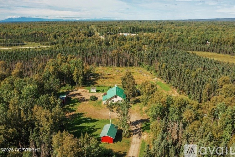 A bird's eye view of a forest with a house and a green shed.