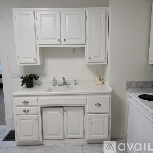 A white kitchen with a sink and cabinets.