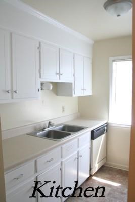 a kitchen with a sink and white cabinets