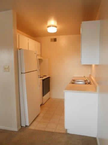 a small kitchen with a refrigerator and a sink