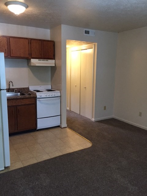 an empty kitchen with a stove and a sink
