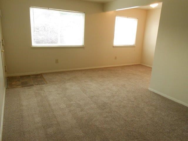 an empty room with two windows and a carpeted floor