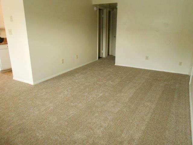an empty living room with a carpeted floor and a door