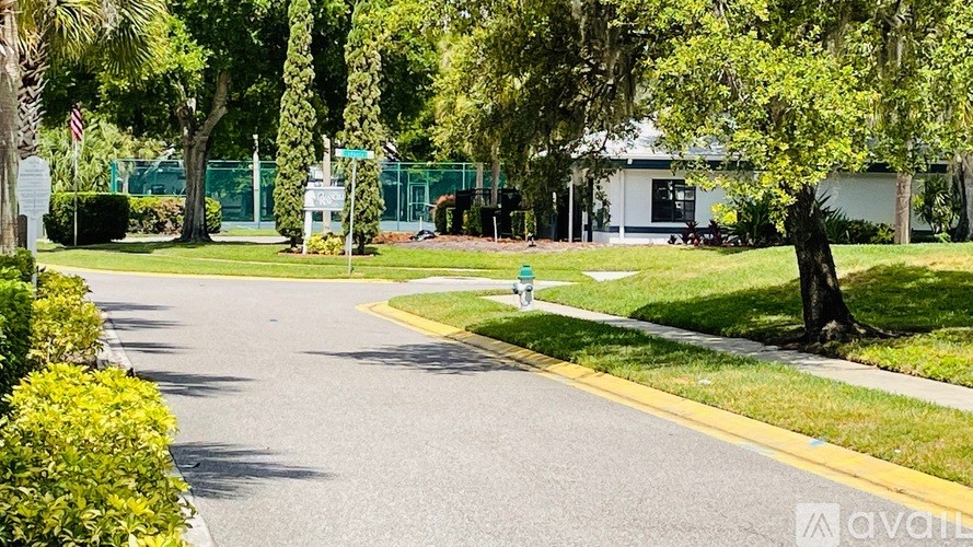 A tree-lined street with a white building in the background.