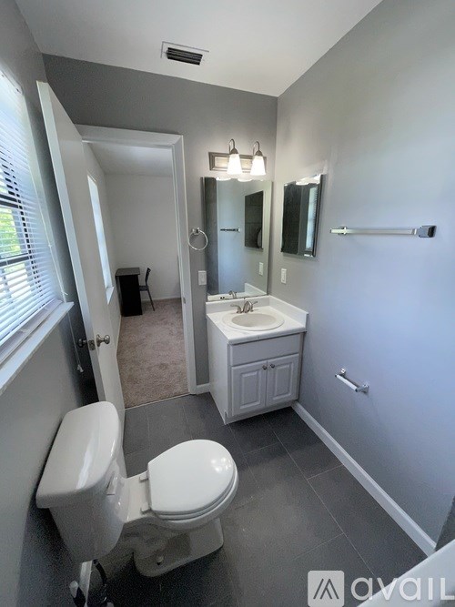 A white toilet in a bathroom with a sink and mirror.