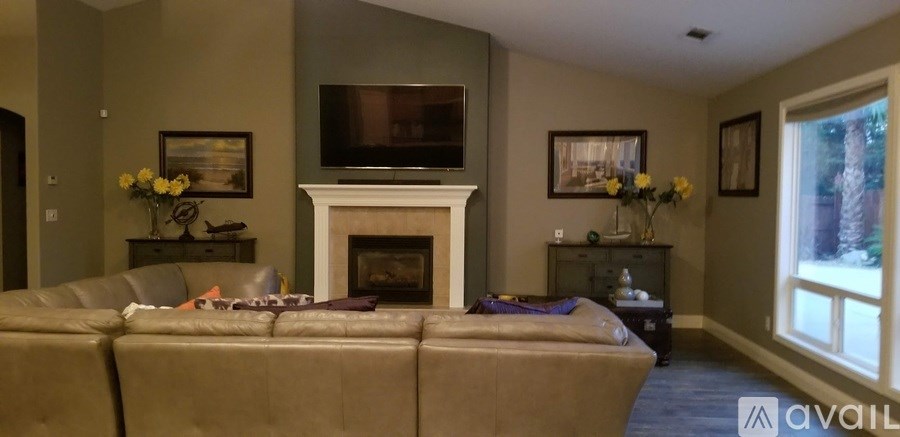 A living room with a couch, a fireplace, and a television.