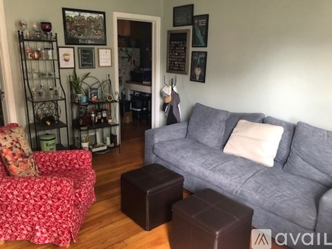 A living room with a grey couch and a red floral sofa.