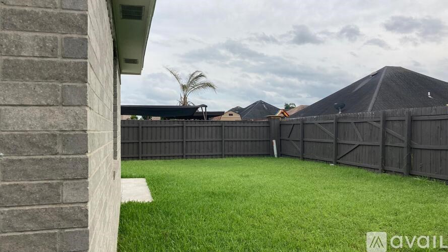 A backyard with a black fence and green grass.