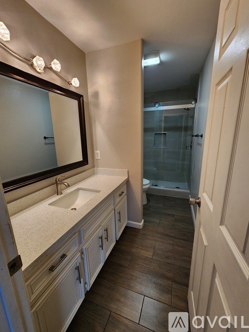A bathroom with a sink, mirror, and wooden floors.