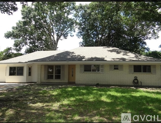A house with a brown door is surrounded by green grass and trees.