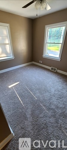 A room with brown walls and a carpet with white lines on it.