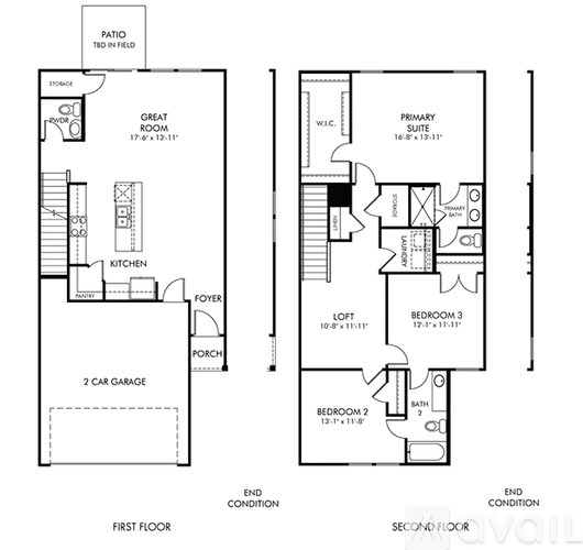 A floor plan of a two-story house with a garage and a loft.