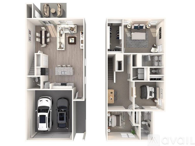 A floor plan of a two-bedroom apartment with a kitchen and living room.