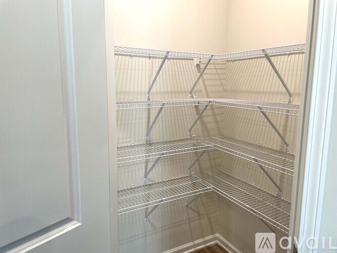 Empty shelves in a white pantry.