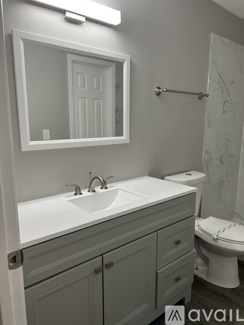 A bathroom with a white sink and a mirror above it.