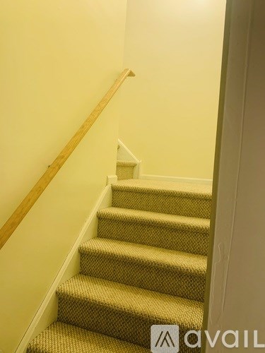 A staircase with a beige carpet and wooden handrail.