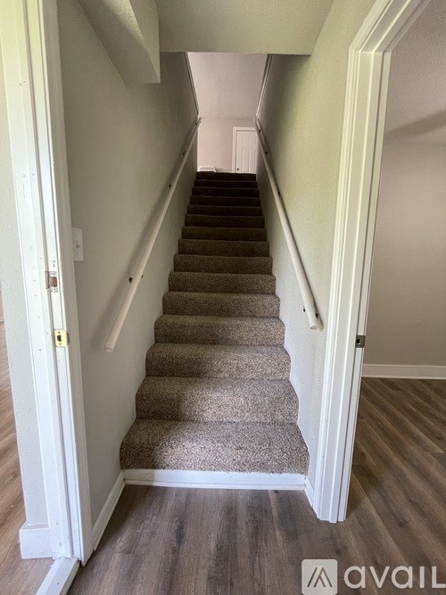 A staircase with a beige carpeted runner and white walls.