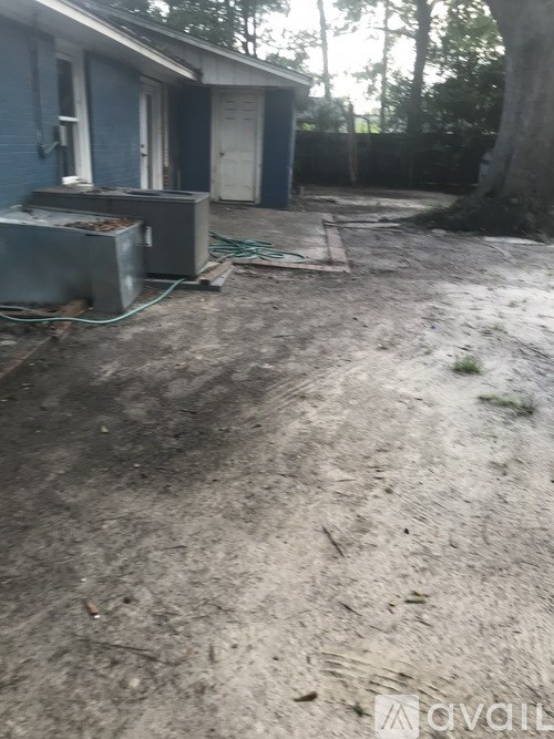 A dirty backyard with a blue house and a tree.