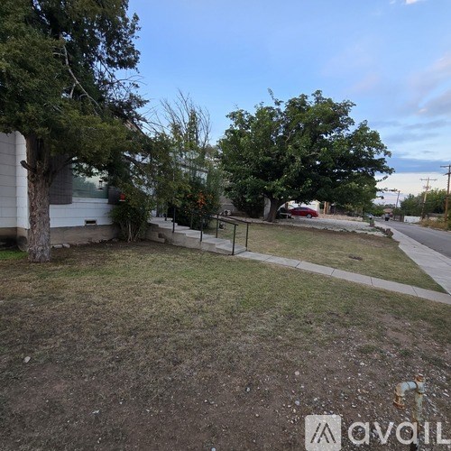 A grassy area with trees and a fence in the foreground.