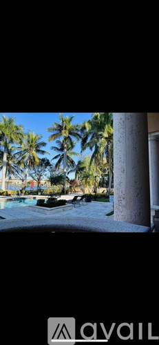 A pool surrounded by palm trees.