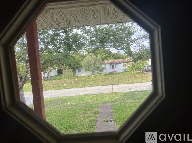 A view from inside a house looking out to a residential street.