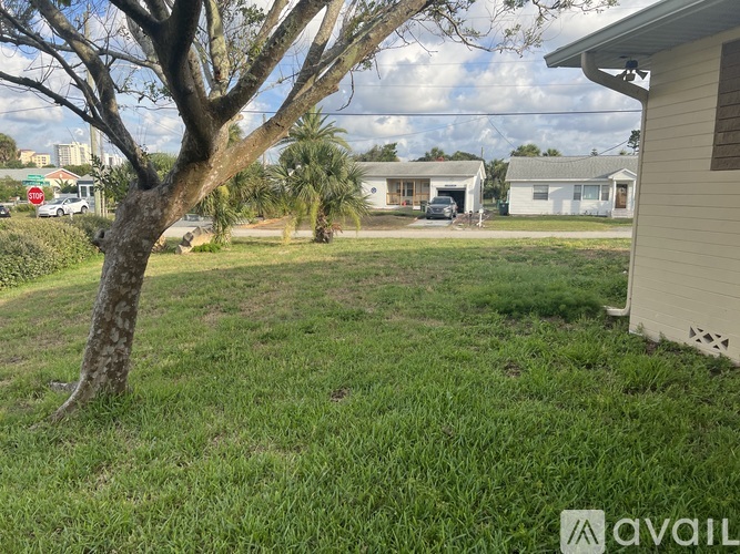 A tree in a grassy area with a house in the background.