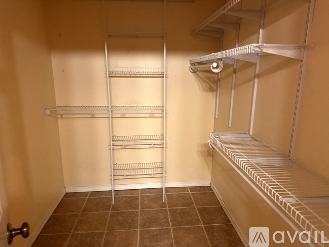 Empty walk-in closet with shelves and a door.