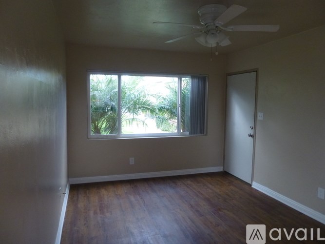 A room with a ceiling fan and a window overlooking a palm tree.