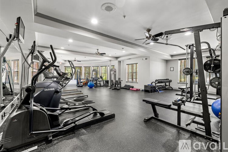 A well-equipped gym with treadmills, exercise balls, and weight machines.