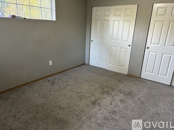 A room with two white doors and a carpeted floor.